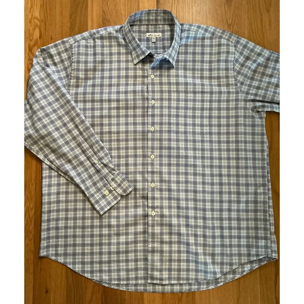 Peter Millar‎ XXL Blue Plaid Long Sleeve Button Down Shirt Cotton Stretch